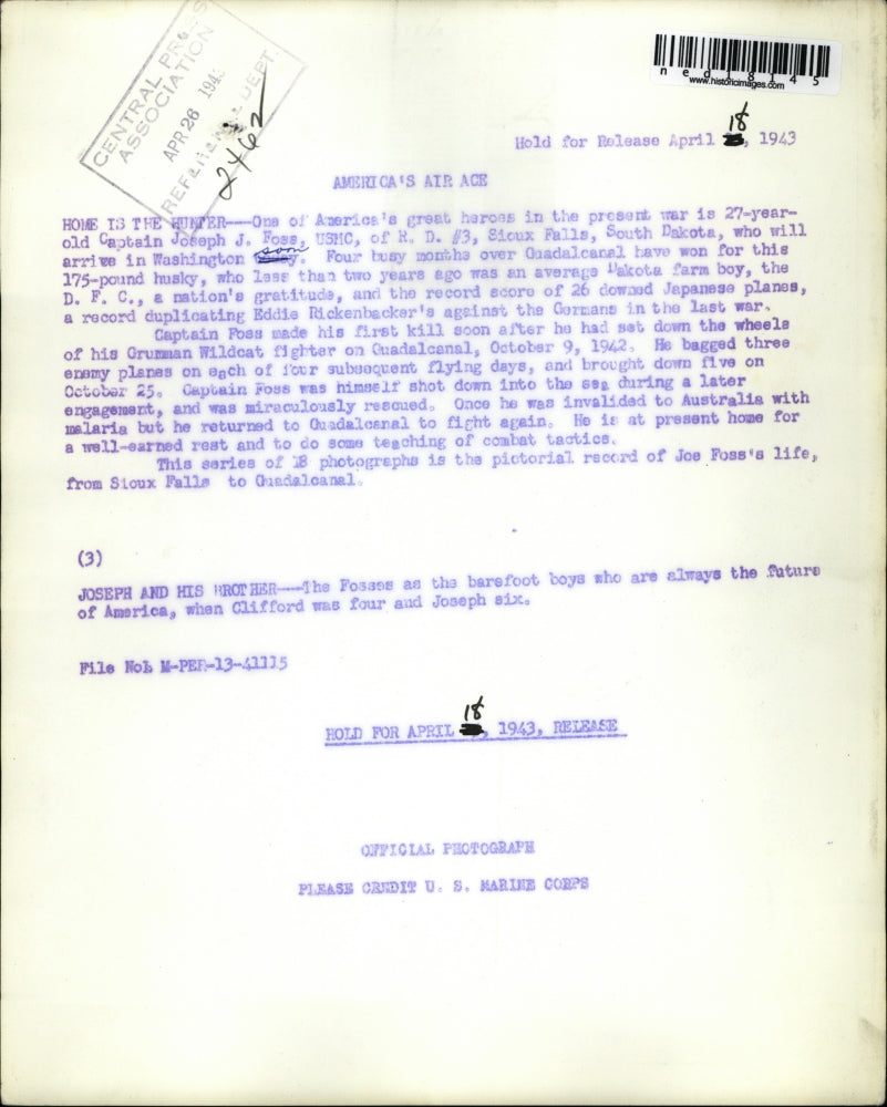 1943 Press Photo Joseph & Clifford Foss sons of Capt Joseph J Foss USMC