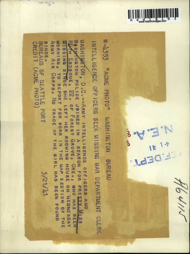 1941 Press Photo Wash DC Ruth Egoscue missing from her home
