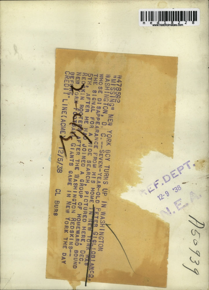 1938 Press Photo Wash DC Peter Gigliobianco age 7 who was missing