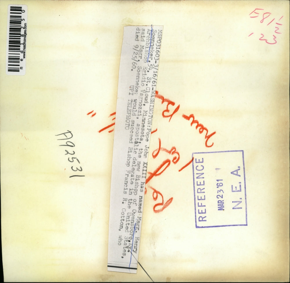 1961 Press Photo Washington Pope John XXIII names Henry Soenneker as Bishop