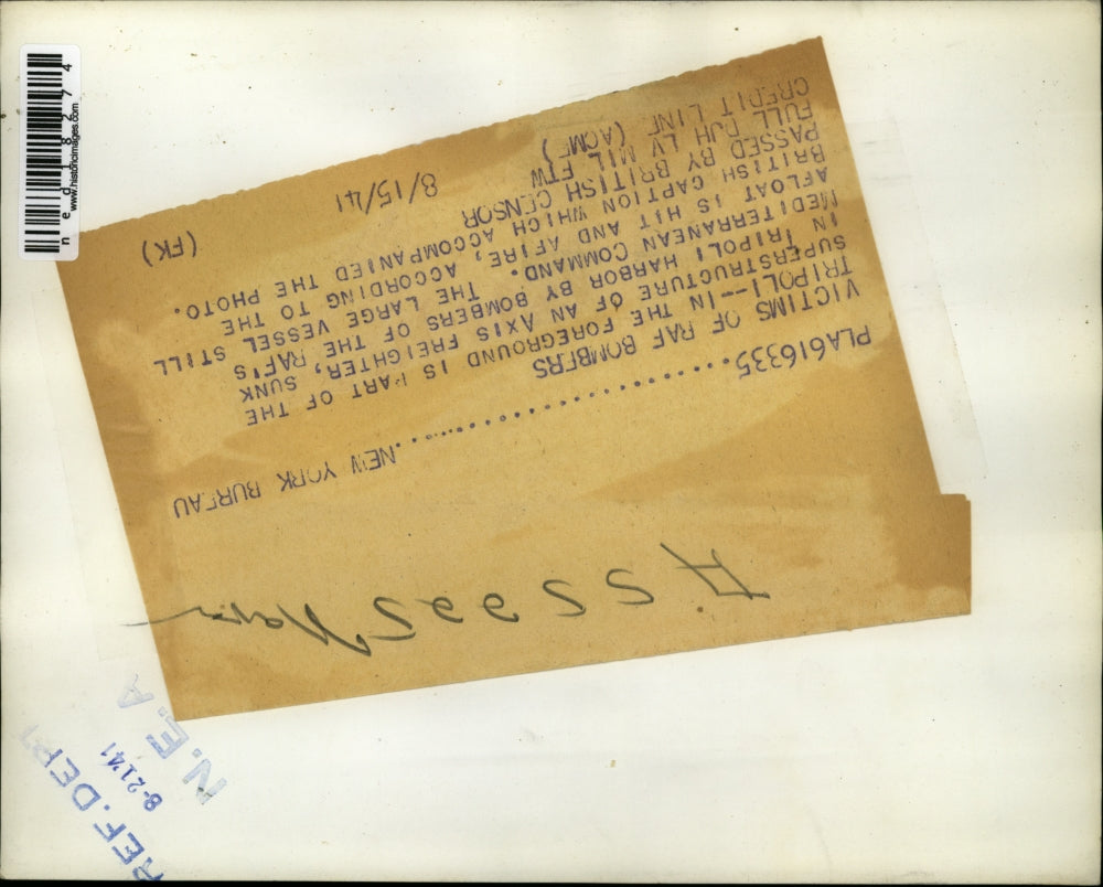 1941 Press Photo axis freighter sunk in Tripoli Harbor by Mediterranean Command