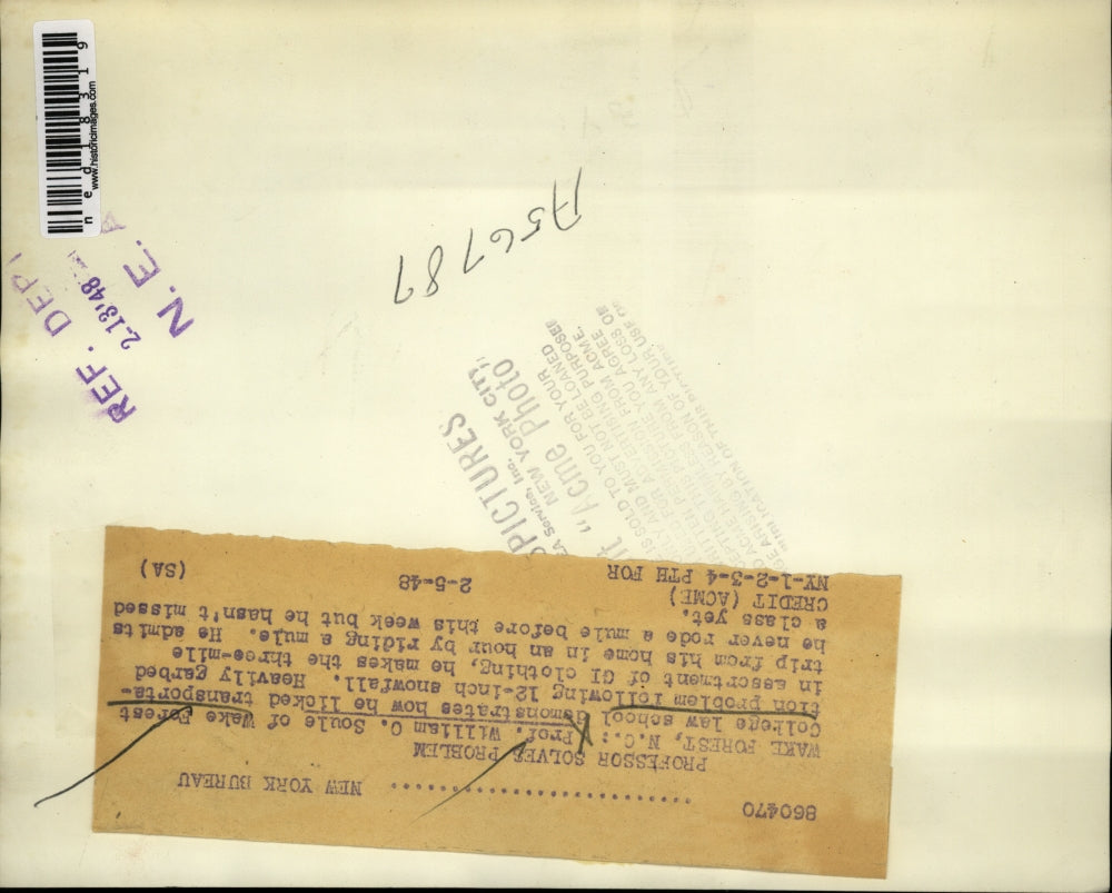 1948 Press Photo Wake Forrest NC Prof Wm O Soule of College law school