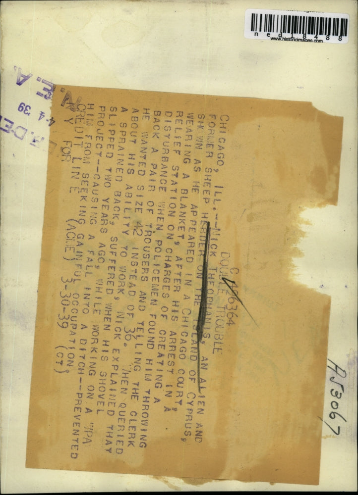 1939 Press Photo Chicago Ill Nick Theophanis an alien and former sheep herder