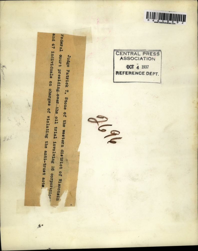 1937 Press Photo Judge Patrick T Stone of western district of Wisconsin Federal