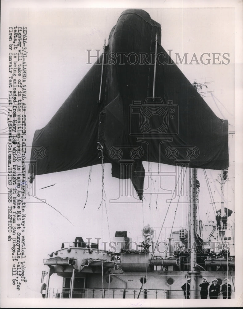 1954 Press Photo Alameda Naval station CalifNAvy VTOL fighter jet - ned18528