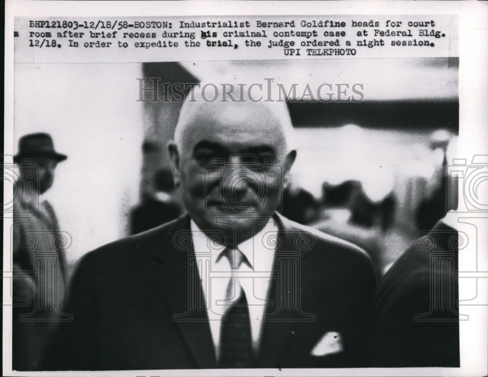 1958 Press Photo Industrialist Bernard Goldfine heads for Federal Building trial