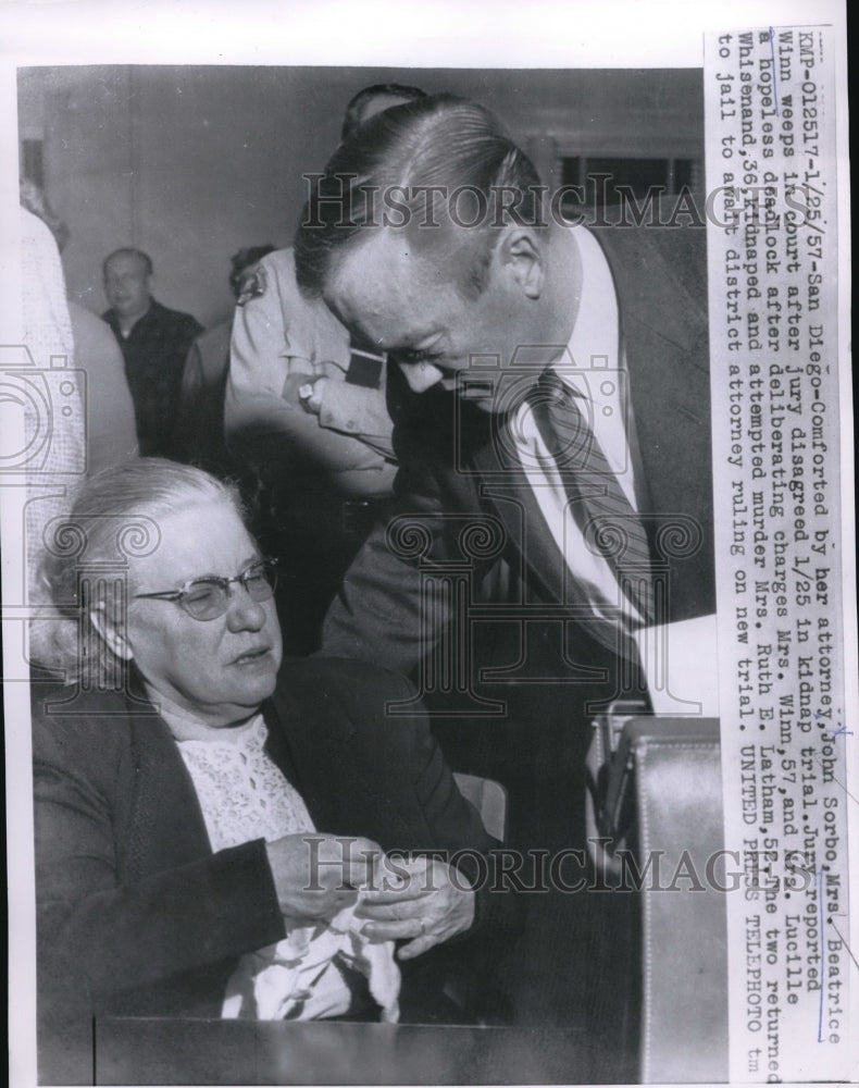 1957 Press Photo San Diego Calif Mrs Beatrice Winn & atty John Sorbo, kidnapper