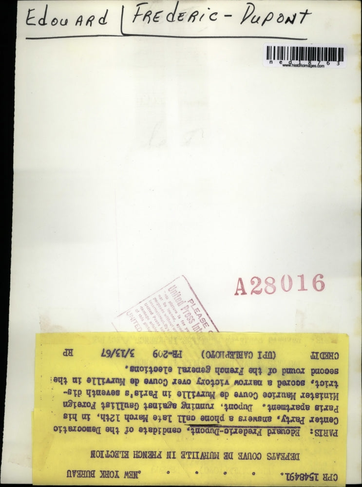 1967 Press Photo Paris France Edouard Frederico Dupont Democratic Center party