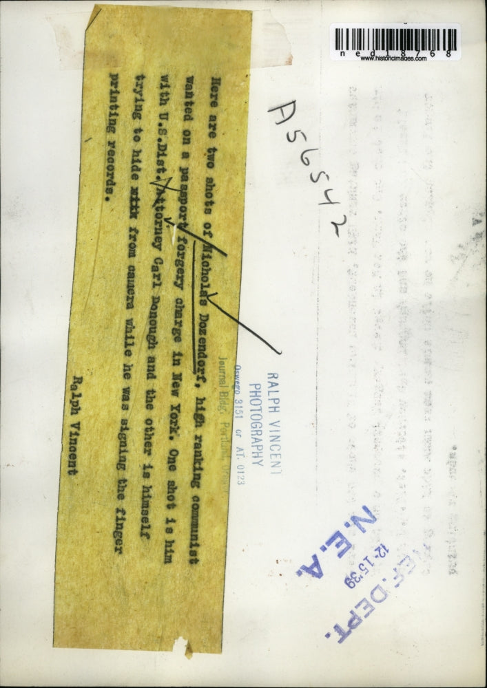 1939 Press Photo Nocholas Dozendorf passport forgery & atty C Donough in DC