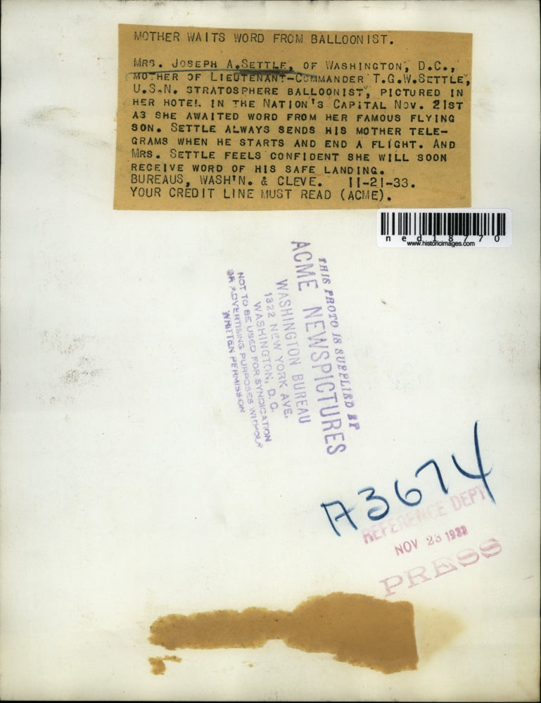 1933 Press Photo Mrs Joseph A Settle Wash DC mom of Lt Cmdr TGW Settle