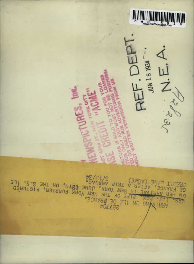 1934 Press Photo New York I.J. Fox S.S. Ile De France Trip