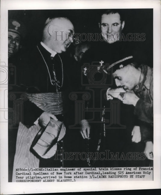 1950 Press Photo Italian Engineer Kisses The Ring Of Francis Cardinal Spellman