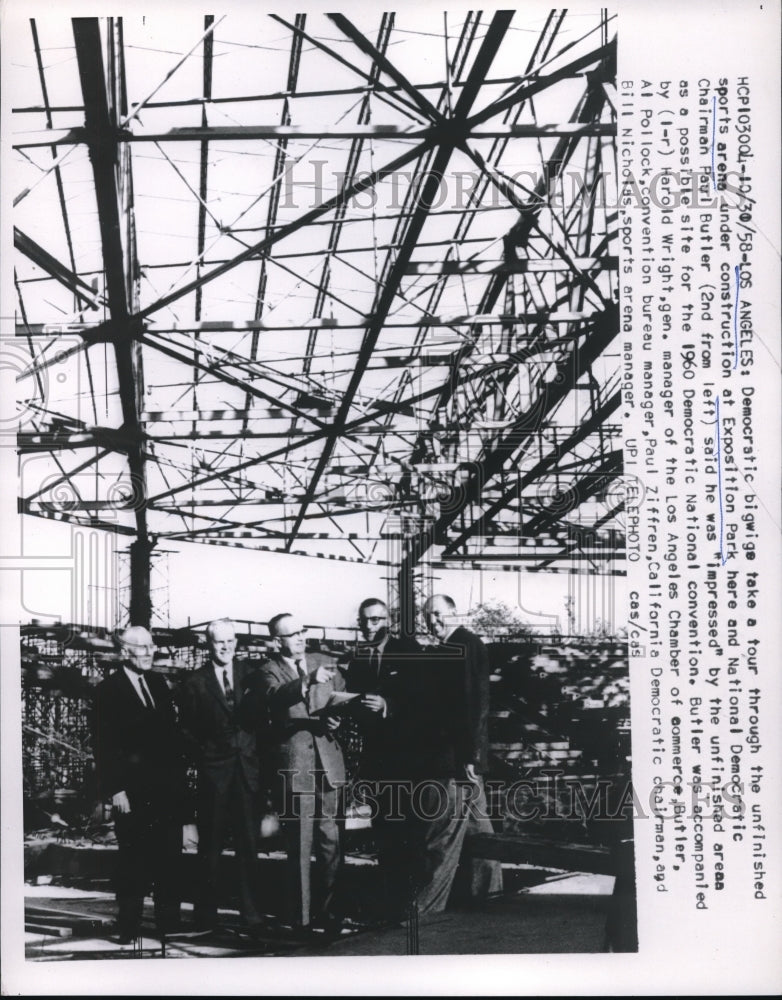 1958 Press Photo Paul Butler Takes Tour Of Unfinished Sports Arena
