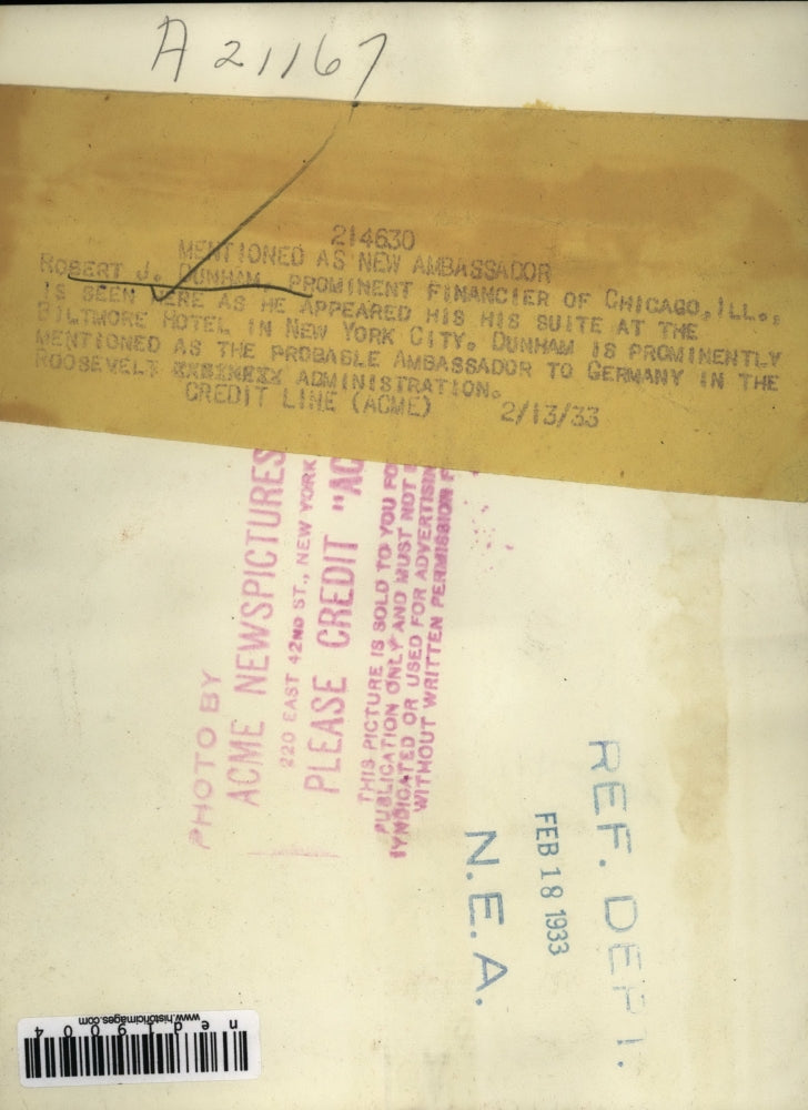 1933 Press Photo Robert Dunham at Biltmore Hotel - ned19004