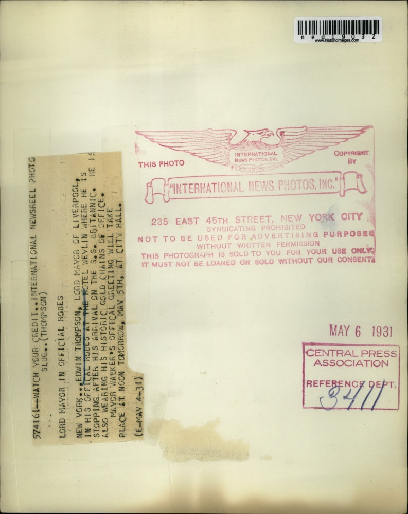 1931 Press Photo New York Edwin Thompson Mayor Liverpool Wevlin Britannic