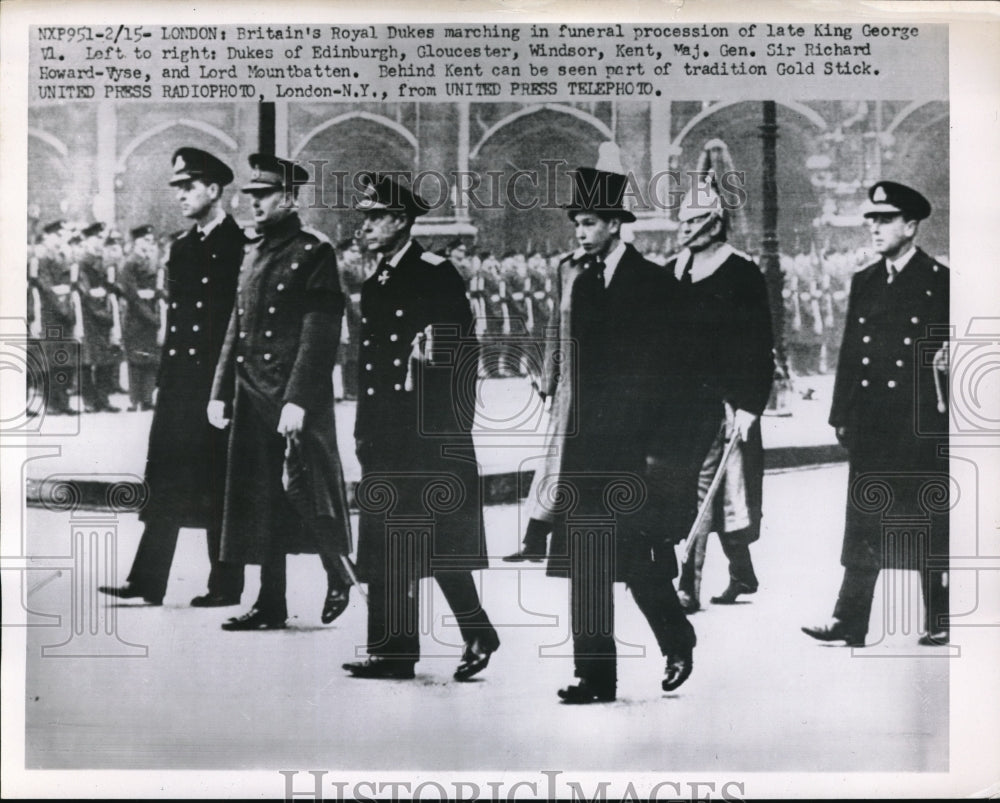 1952 Press Photo Britain's Royal Dukes Marching In Funeral Procession