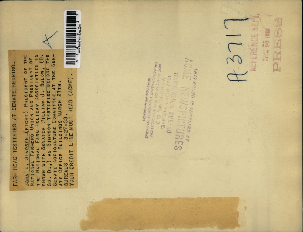 1933 Press Photo John Simpson and William Bulow at Senate Office Building