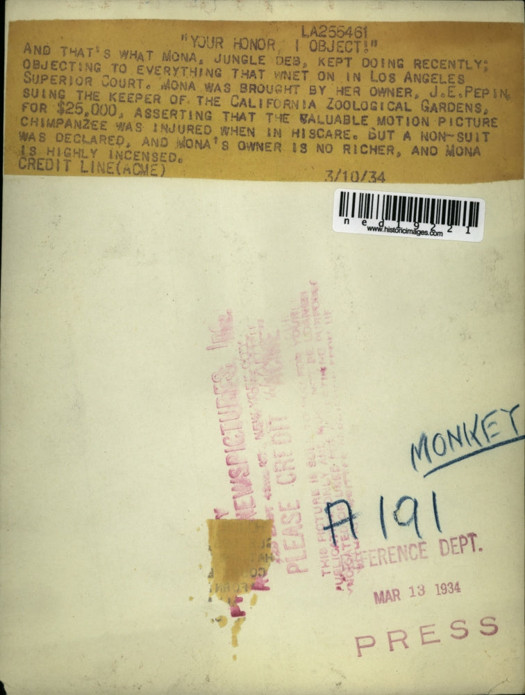 1934 Press Photo Chimp owned by JE Pepin in Calif