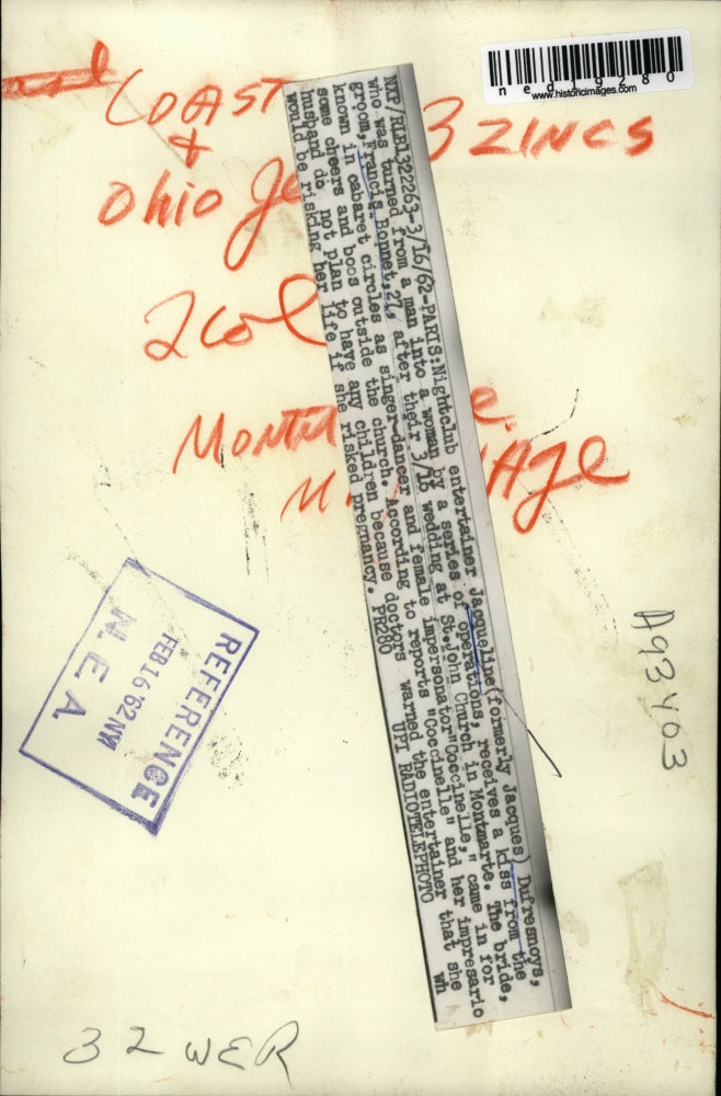 1962 Press Photo Paris FranceEntertainer Jacqueline Dufresnoys & groom Bonnet