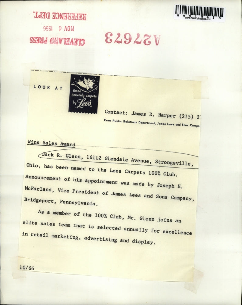 1966 Press Photo Jack R Glenn of Strongsville Ohio named to Lees Carpet 100%