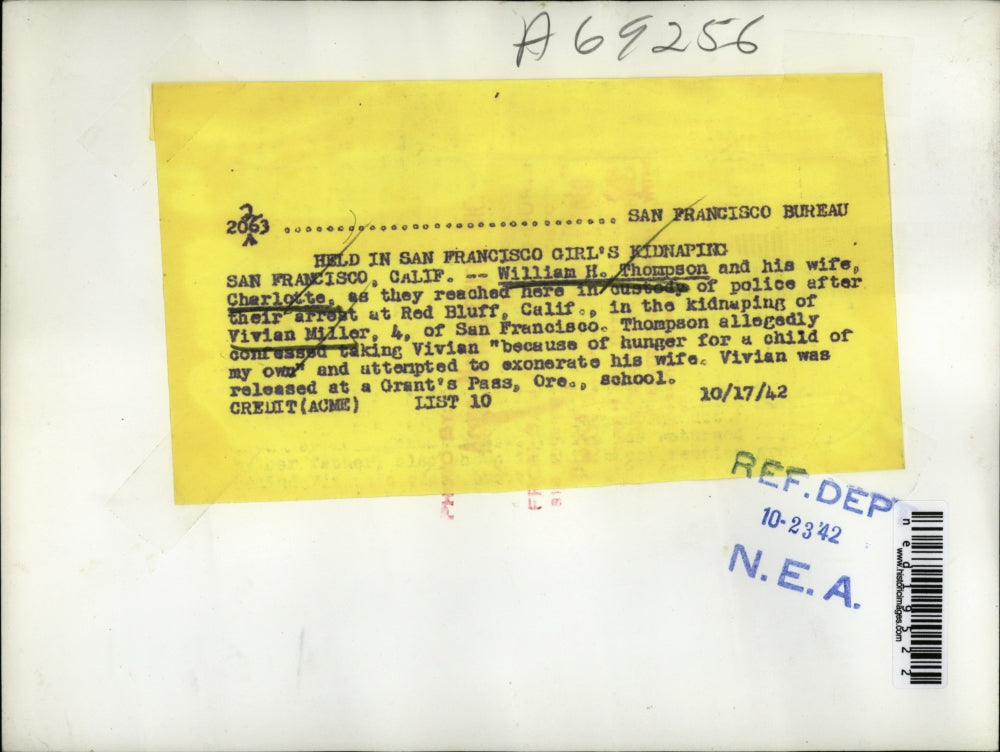 1942 Press Photo William H. Thompson & Wife Charlotte Vivian Miller Kidnappers