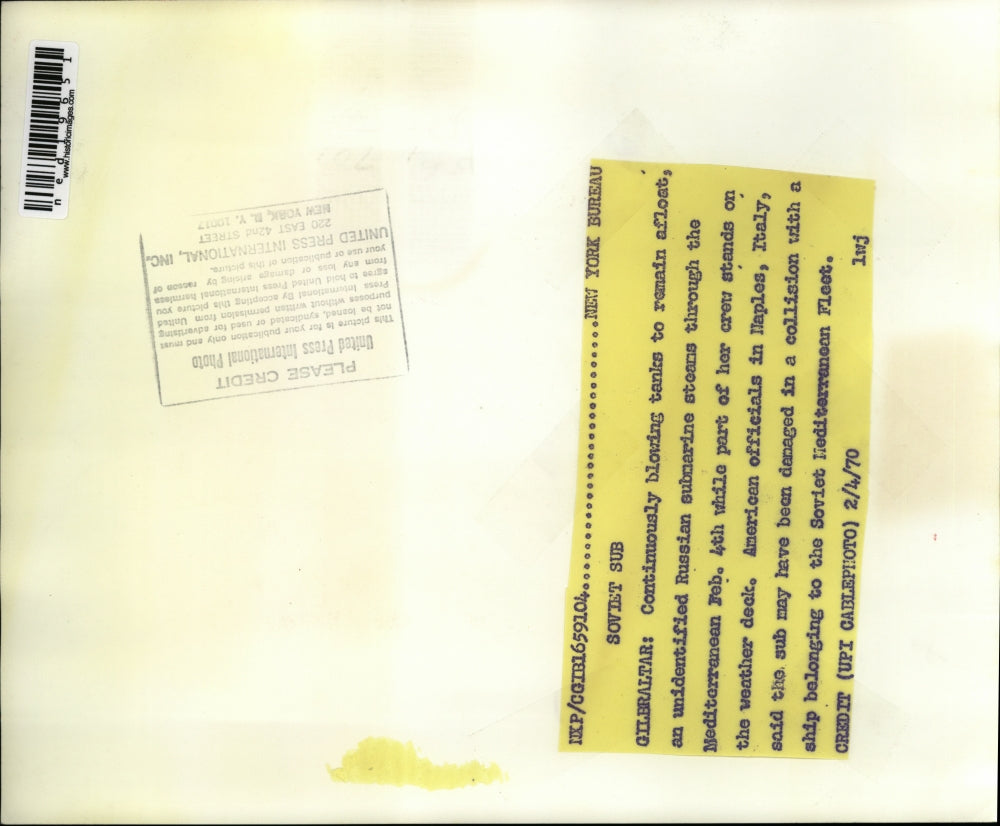 1970 Press Photo Gilbraltar Russian Submarine Mediterranean February 4th