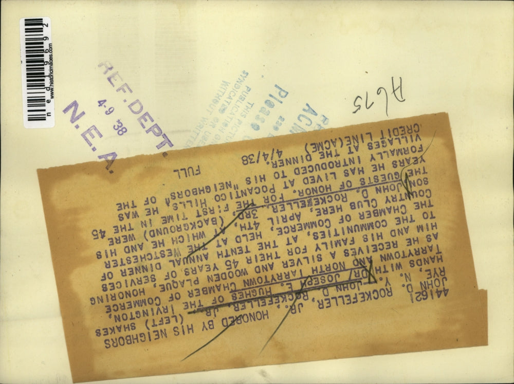 1938 Press Photo John D Rockefeller Jr shakes hands with Dr Joseph Hughes over