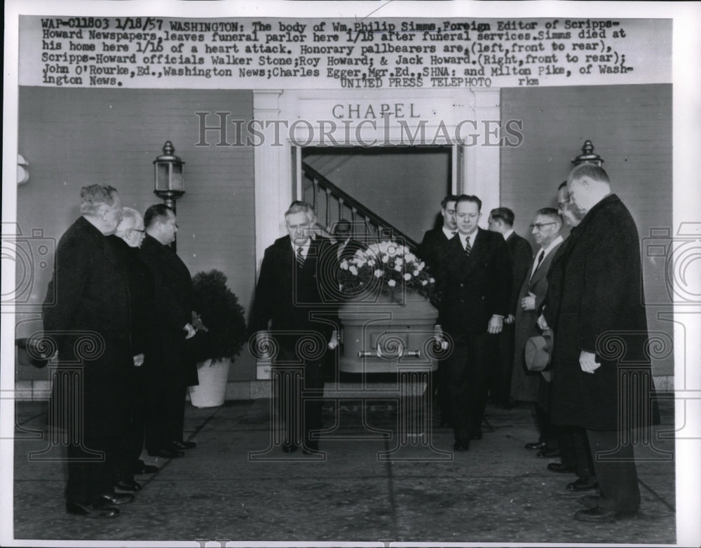 1957 Press Photo The Body Of Wm. Phillip Simms Being Carried Out Of Church