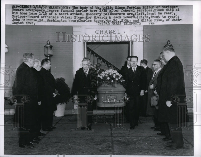 Load image into Gallery viewer, 1957 Press Photo The Body Of Wm. Phillip Simms Being Carried Out Of Church
