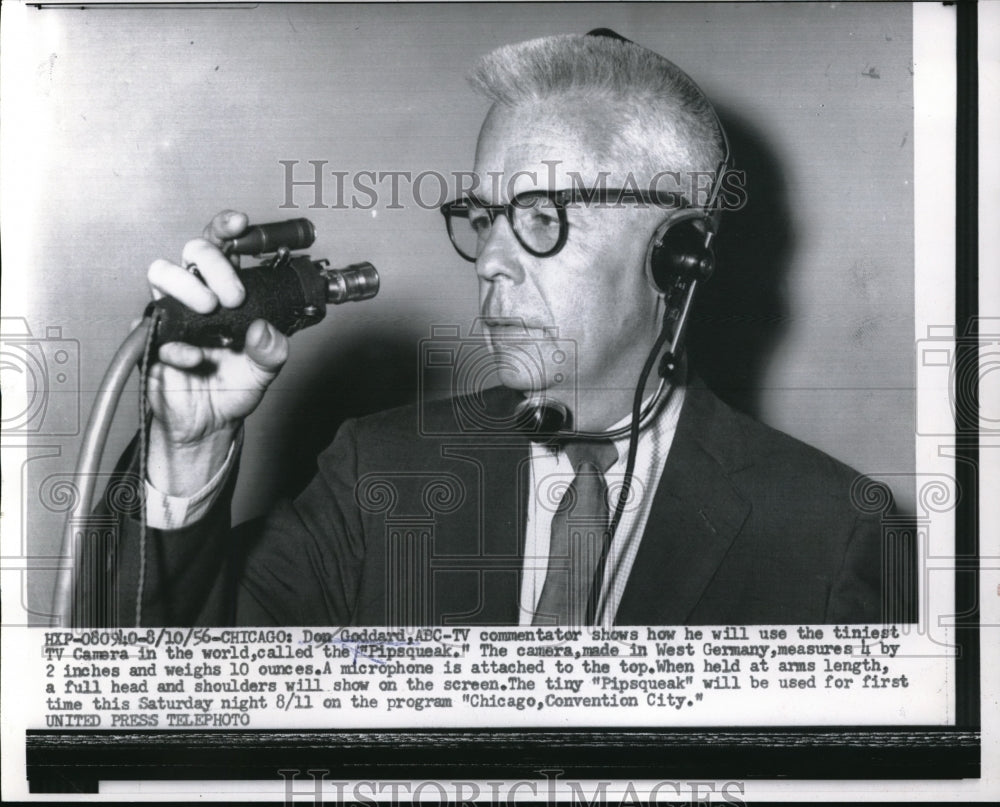 1956 Press Photo Don Goddard using the tiniest tv camera in the world
