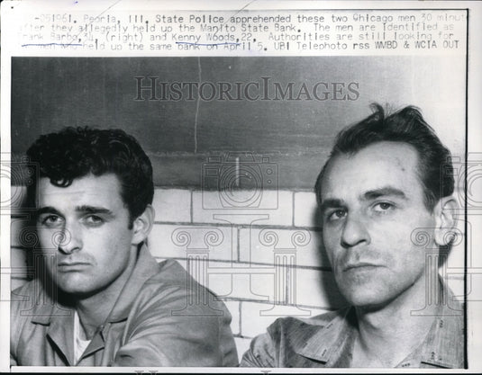 1961 Press Photo Frank Barbo And Kenny Woods Arrested For Bank Explosion
