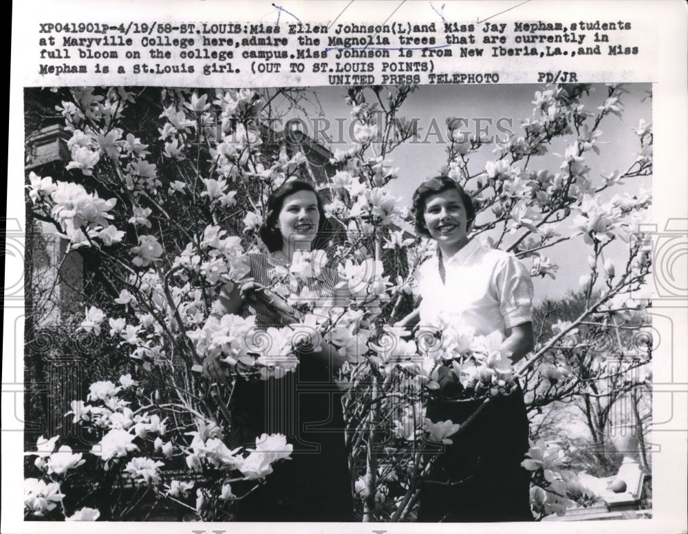 1958 Press Photo St. Louis Ellen Johnson Jay Mephas Marryville College Magnolia