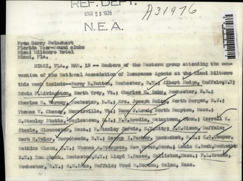 1935 Press Photo Miami Florida March 19th Insurance Perey B. Dutton Rochester