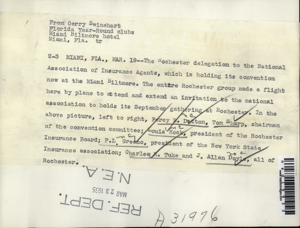 1935 Press Photo Miami Florida March 19th Rochester-Percy B. Dutton, Tom Sharp