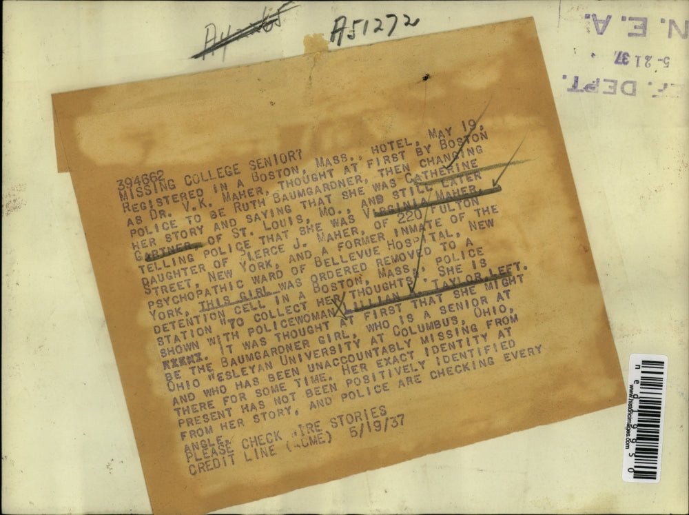 1937 Press Photo Boston Mass, Registered as Dr VK Maher, girl seems confused