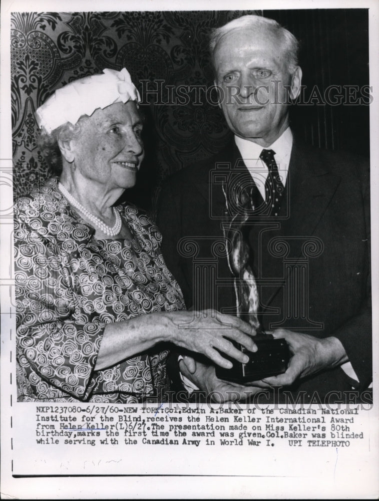 1960 Press Photo Edwin A. Baker Receives Helen Keller Award From Helen Keller