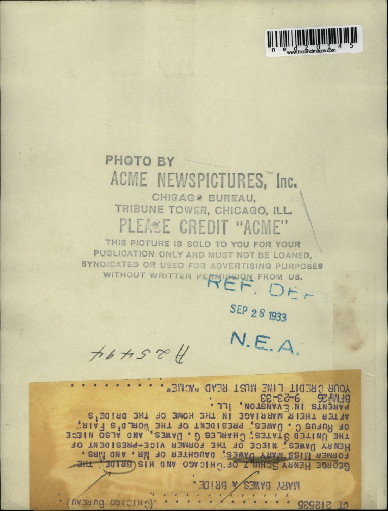 1933 Press Photo George Henry Schulz Marries Miss Mary Dawes - ned20145