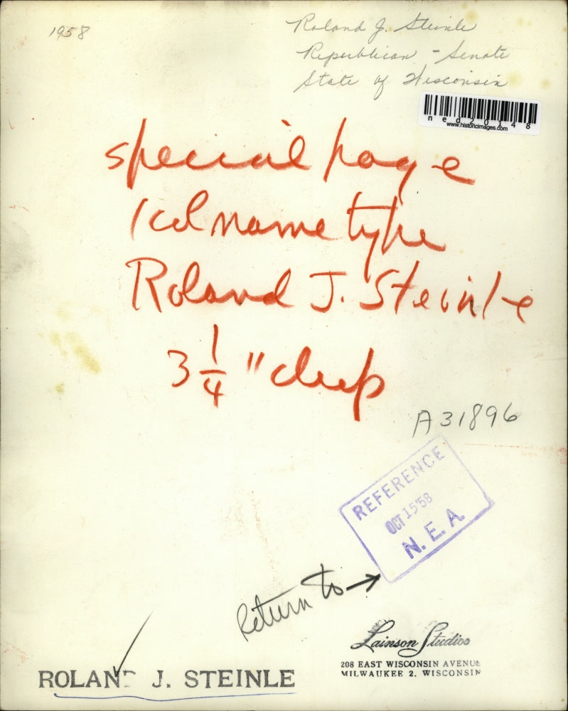 1958 Press Photo Roland J. Steinle Republican Senate Of Wisconsin