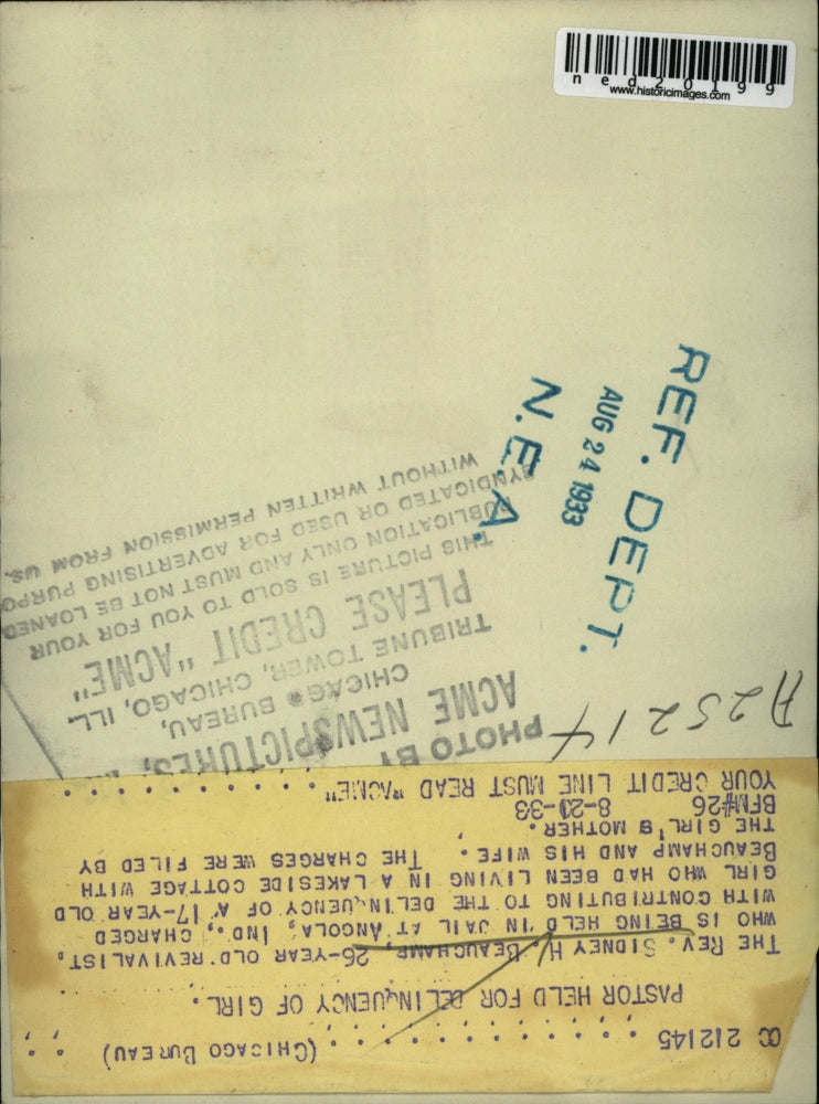 1933 Press Photo Pastor held for delinquency of girl