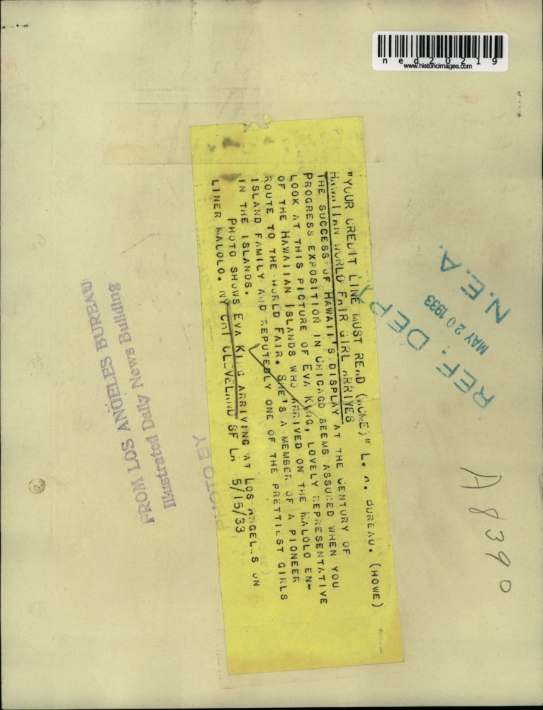 1933 Press Photo Eva King Arriving At Los Angeles On Liner Malolo