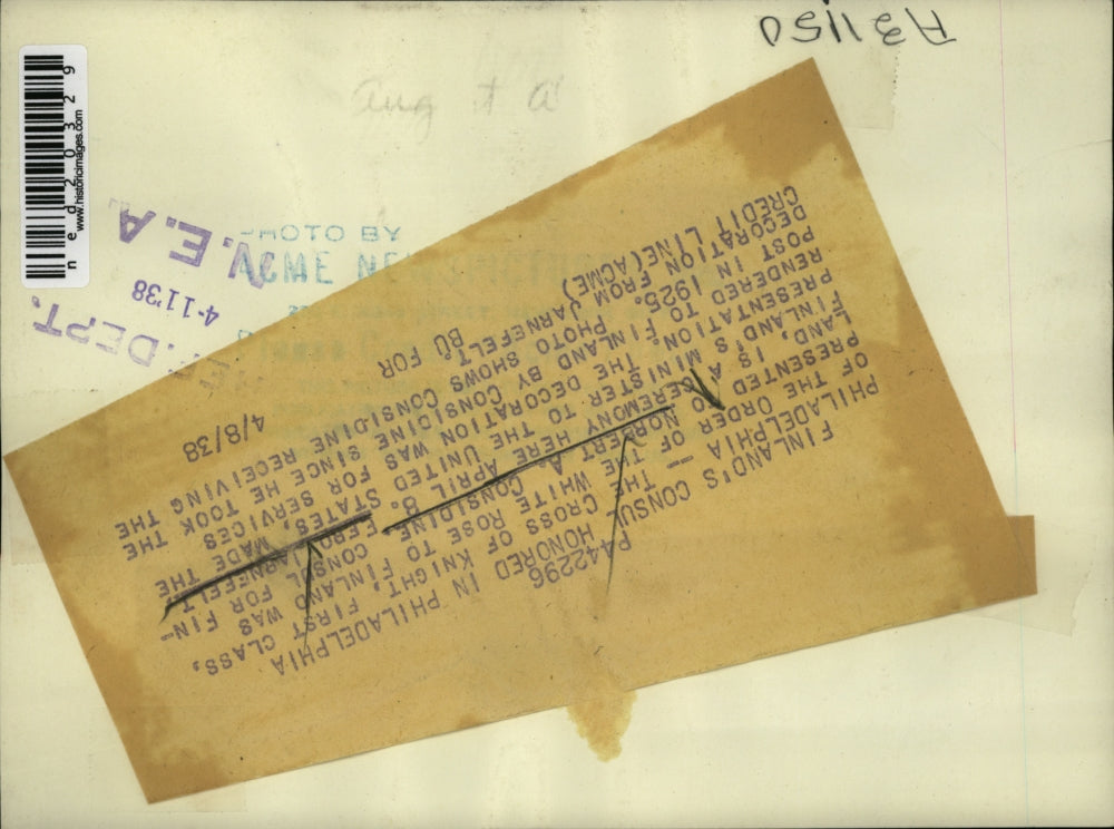 1938 Press Photo Norbert Considine Finland Consul honores in Philadelphia