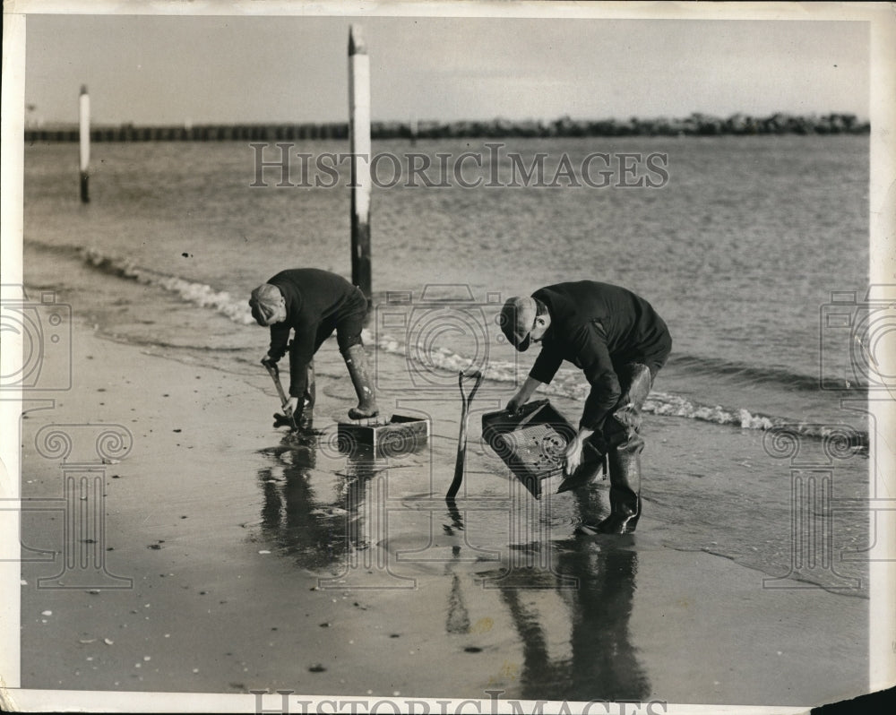 1931 Press Photo Pair of Beach-combers at work at Coney Island