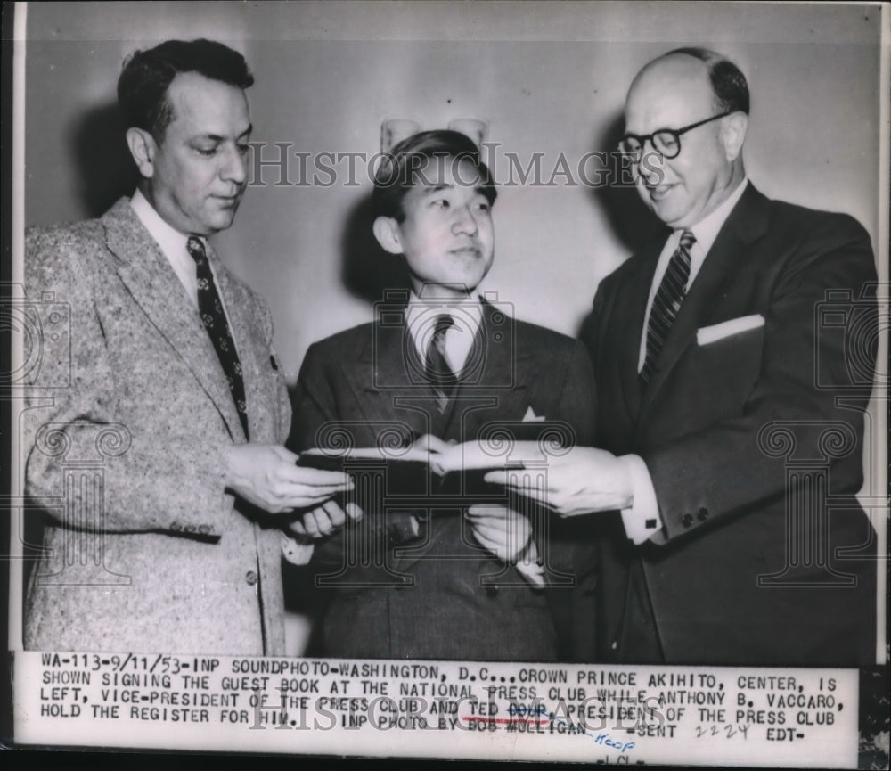 1953 Press Photo Crwon Prince Akihito Signs Guest Book At Press Club