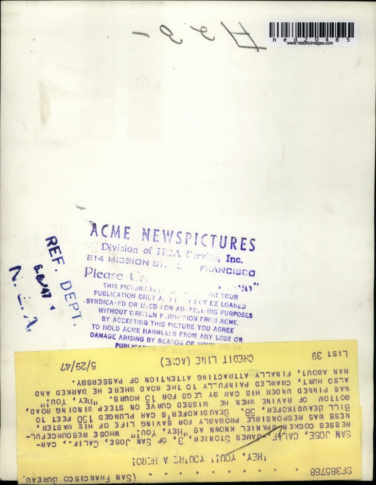 1947 Press Photo "Hey, You!" Saves Master Who Was Pinned Under Car For 15 Hours