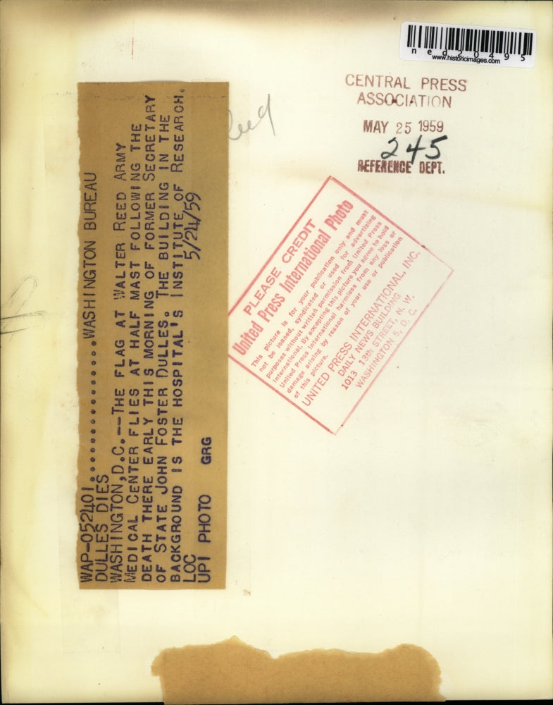 1959 Press Photo Flag Flies At Half Mast For John Foster Dullies