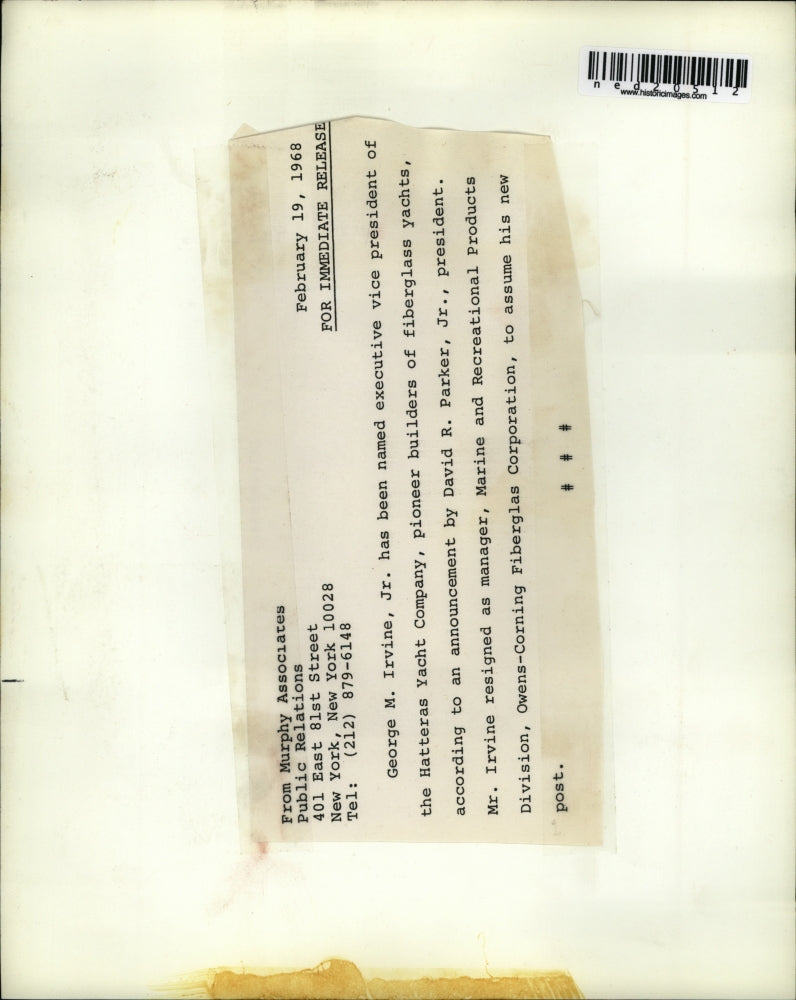 1968 Press Photo George M. Irvine, Jr. Named Vice president Of Hatteras Yacht