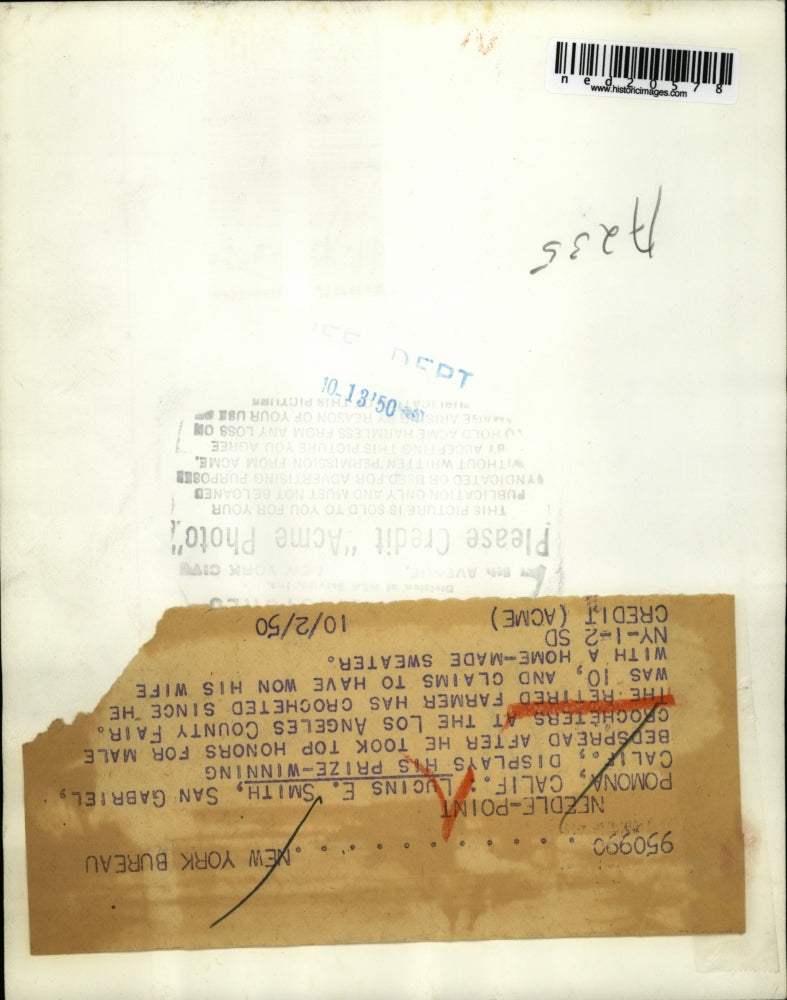 1950 Press Photo Pomona California Lucins E. Smith San Gabriel Male Crocheters