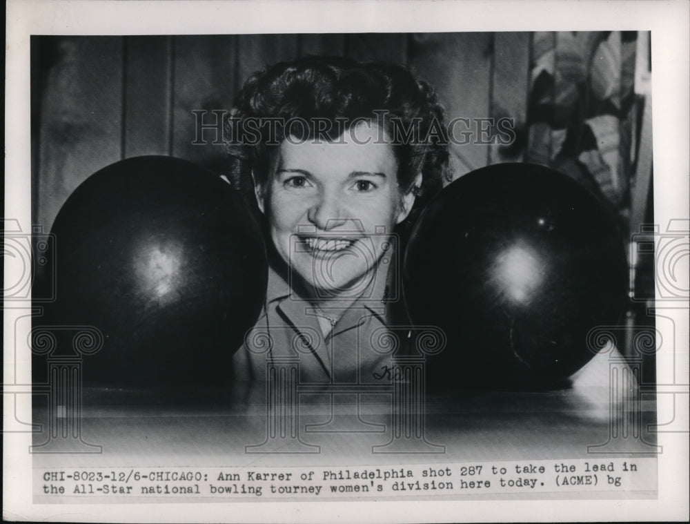 1949 Press Photo Ann Karrer Philadelphia All Star National Bowling Tourney