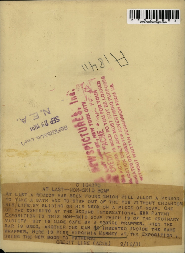 1931 Press Photo Miss Virginia Marney Tries Out Non-Skid Soap At Exposition