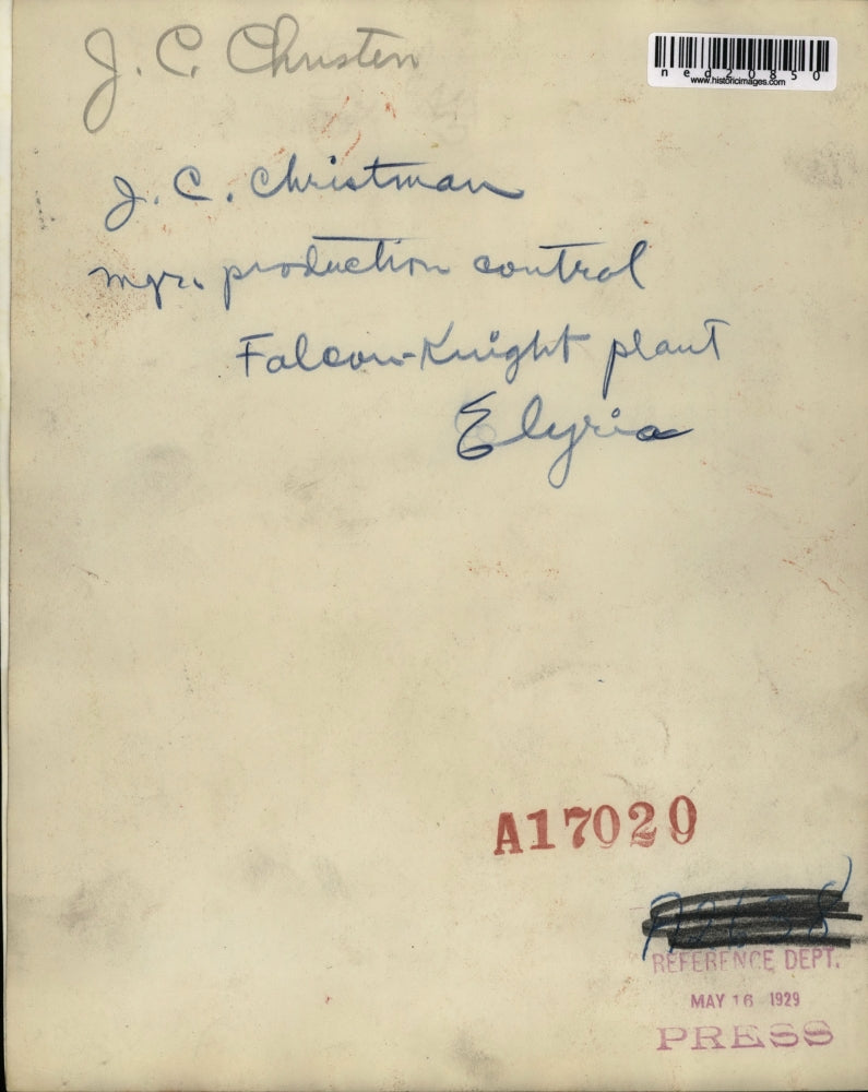 1929 Press Photo J.C. Christman Manager Production Control Faloun Knight Plant